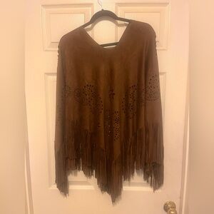 Brown Faux Suede Fringed Women's Poncho O/S